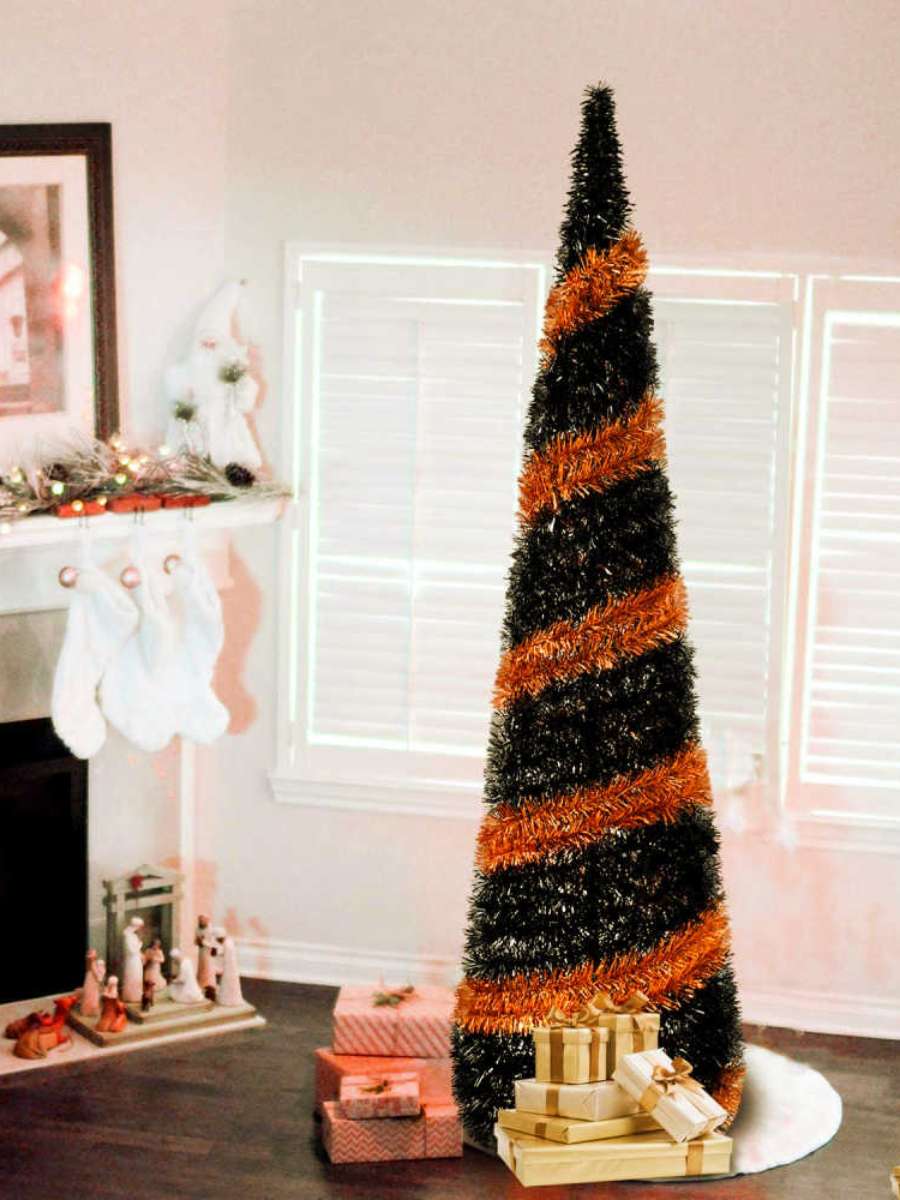 A black and orange Halloween Christmas tree