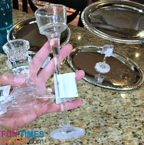 We used this glass candlestick to make 2-tiered cupcake trays. 