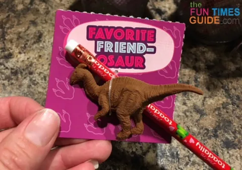 The Valentine pencils fit perfectly onto the dinosaur Valentine cards.