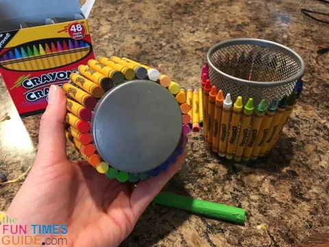 What it looks like when all 28 crayons are glued onto the pencil holder.